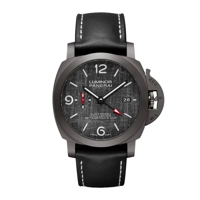 Luna Rosa Luminor 44 Gmt P9010 Titanium DLC Leather Sail , Black Dial , Smooth Bezel , 44mm