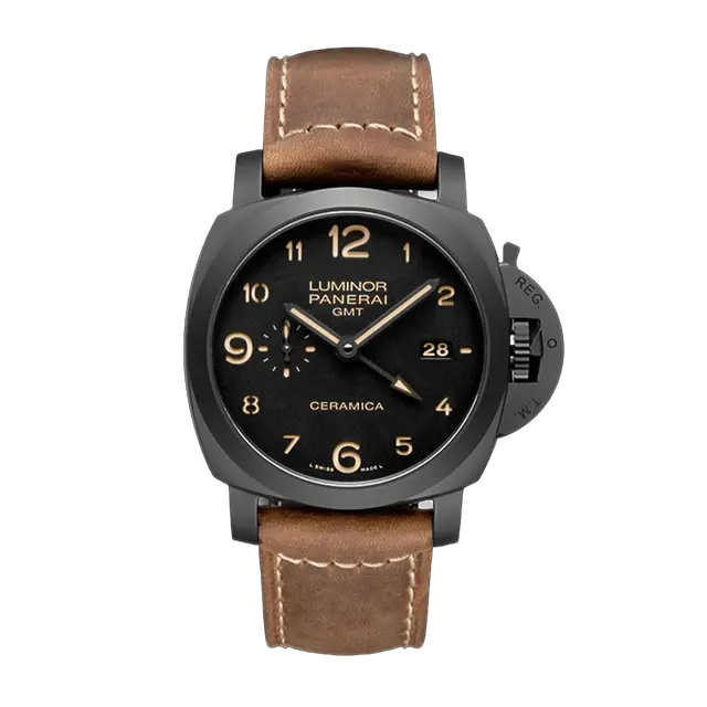 LUMINOR 1950 44 GMT P9001 CERAMIC LEATHER BROWN , Black Dial , Smooth Bezel , 44mm