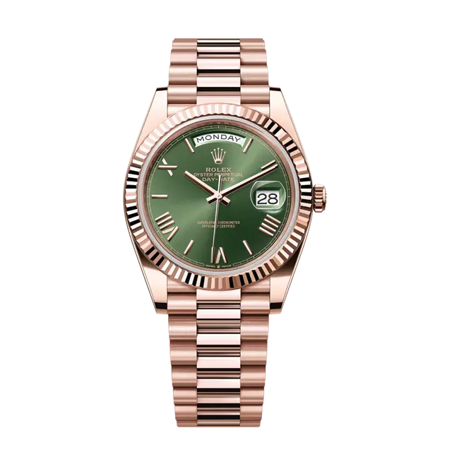 Daydate Rose Gold , Olive Roman Dial , Fluted Bezel , 40mm